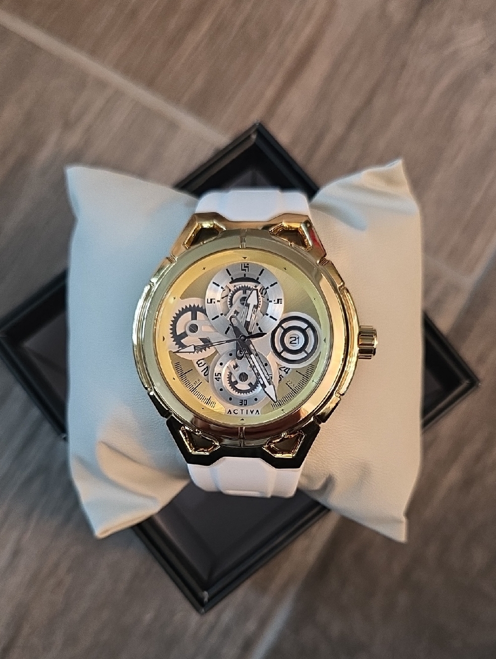 66. Activa Men's Gold-Tone Dial White Strap Chronograph Watch